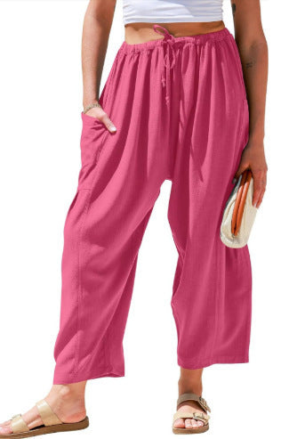 Elastic Pleated High Waist Cotton Linen Wide Leg Pants Rose Red GlamzKart