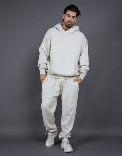 Men's Casual Loose Solid Color Hooded Sweatshirt Pants White GlamzKart