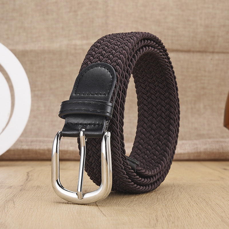 New Men's And Women's Woven Belt Elastic Stretch Punch-free Silver Buckle Brown GlamzKart