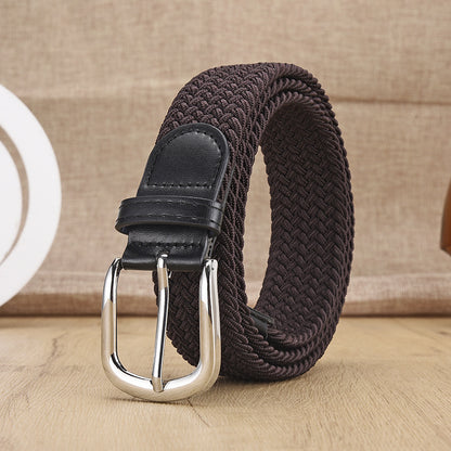 New Men's And Women's Woven Belt Elastic Stretch Punch-free Silver Buckle Brown GlamzKart