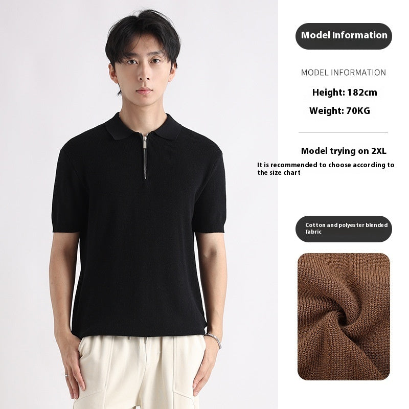 Men's Knitted Short-sleeved Ice Silk Polo Shirt Black GlamzKart