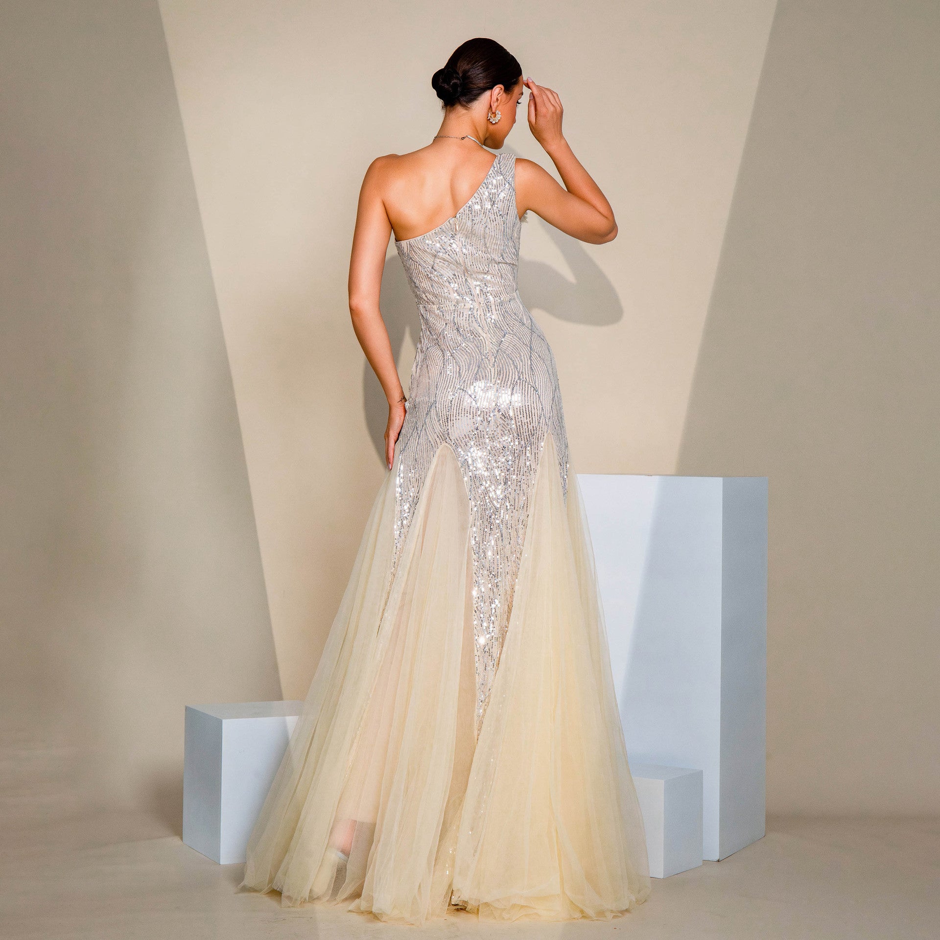 One-shoulder Diagonal Collar Slim-fit Sheath Sequined Slit Evening Dress GlamzKart
