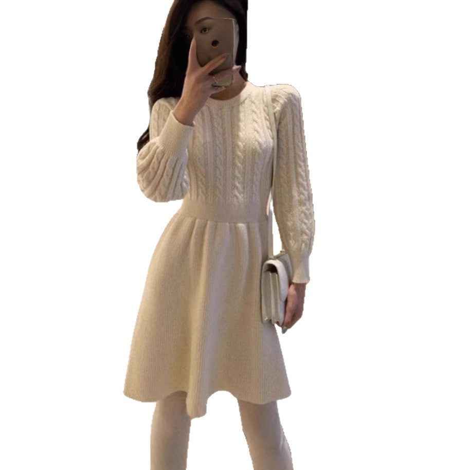 Waist-tight Temperament Slimming Sweater Dress Round Neck Base Twist