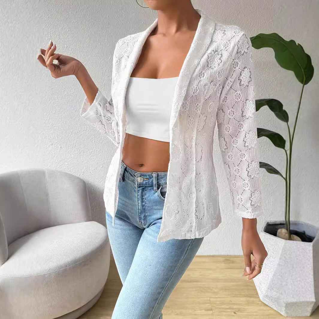 European And American Elegant Solid Color Lace 9 Sleeve Lapel Casual Suit Women's Jacket