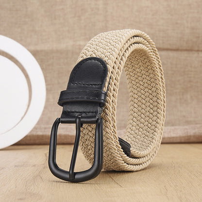 New Men's And Women's Woven Belt Elastic Stretch Punch-free Black Buttons Beige GlamzKart