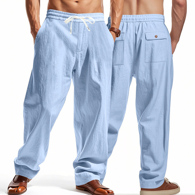 Linen Casual Pants Summer Thin Simple High Street Light Blue GlamzKart