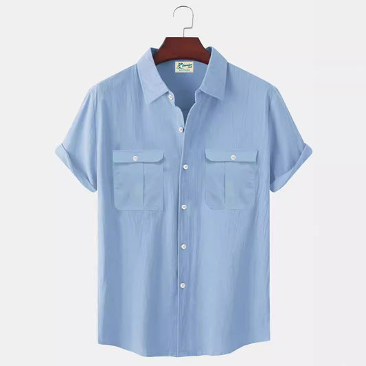 Solid Color Patchwork Linen Cardigan Short Sleeve Loose Lapels Men's Shirt GlamzKart