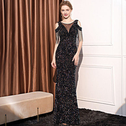 Sequin Long Slim Slimming Fishtail Dress Color Black 18580 GlamzKart