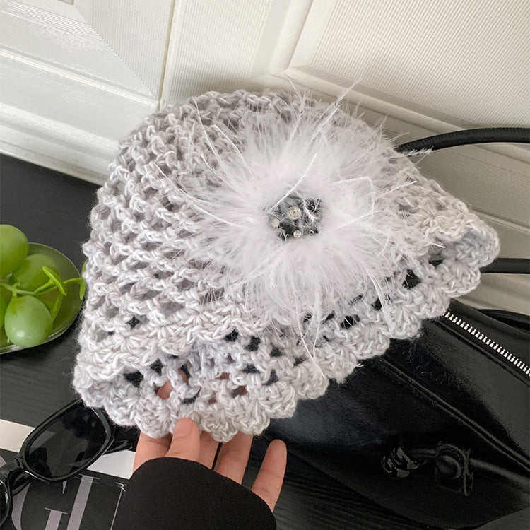French Retro Black Feather Hand-woven Knitted Hat Light Gray M GlamzKart