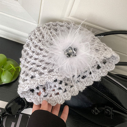French Retro Black Feather Hand-woven Knitted Hat Light Gray M GlamzKart
