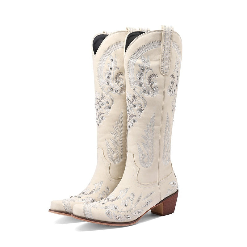 Embroidered Rhinestone Thick High Heel Side Zipper High-top Boots Beige GlamzKart