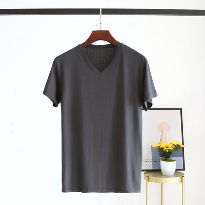 Men's Summer Jacquard Modal Outerwear T-shirt Pajamas Solid Color Sweat-absorbent Cool Breathable Fabric V neck Dark Gray GlamzKart