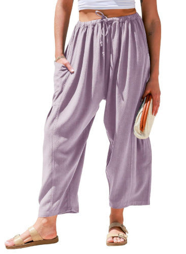 Elastic Pleated High Waist Cotton Linen Wide Leg Pants Light Purple GlamzKart