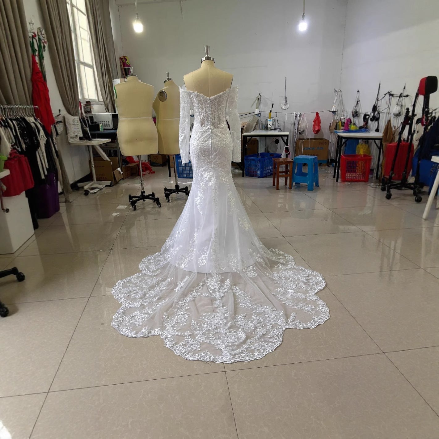 Off-shoulder Lace Long Sleeve Fishtail Gown GlamzKart