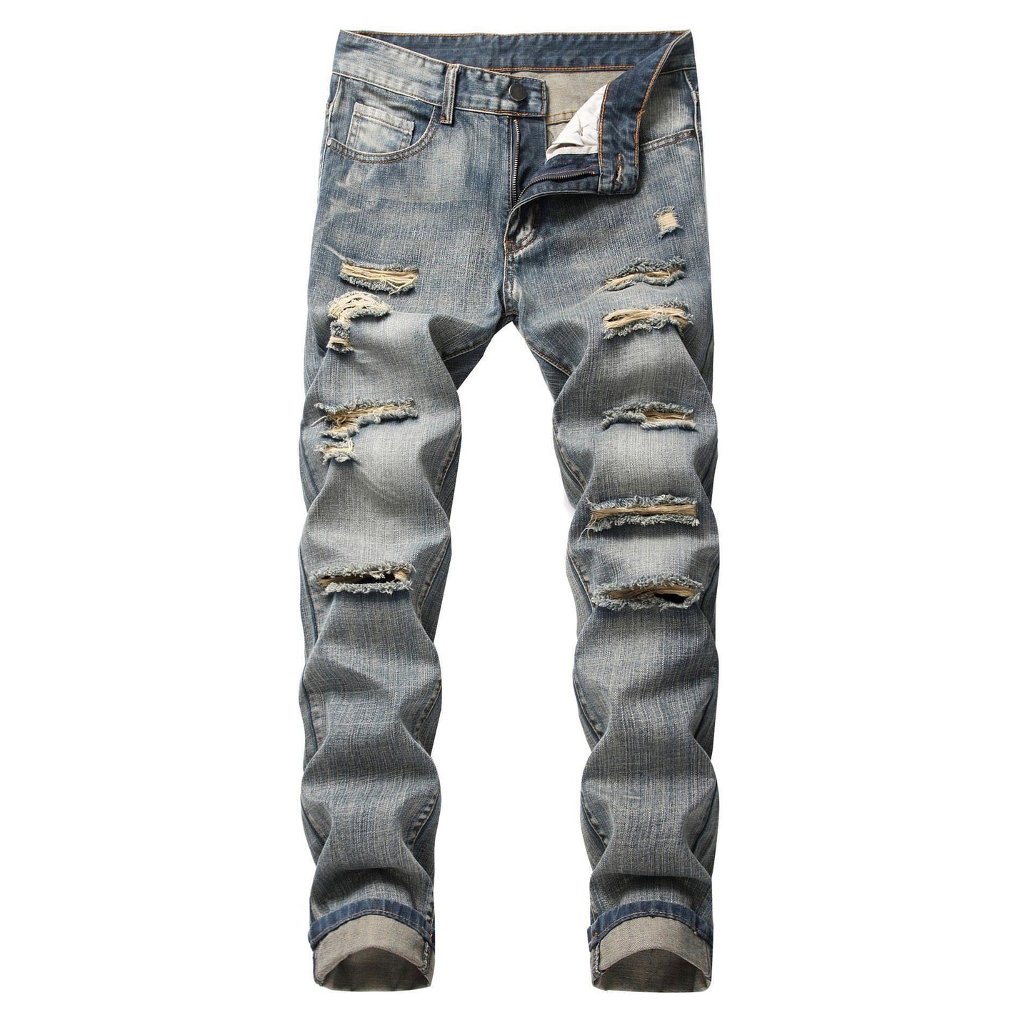 Men's Ripped Straight Slim Fit Non-stretch Jeans Nostalgia GlamzKart