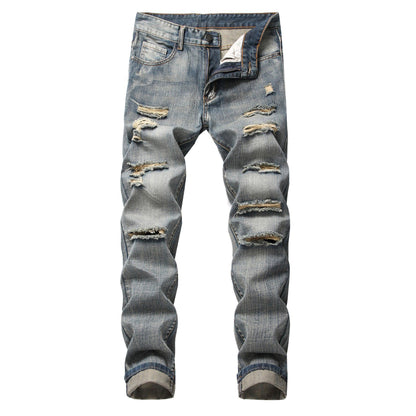 Men's Ripped Straight Slim Fit Non-stretch Jeans Nostalgia GlamzKart