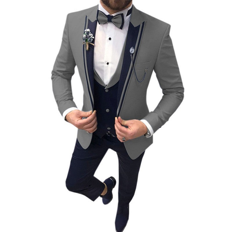 Men's Color Matching Business Casual Suit Three-piece Set Gray GlamzKart
