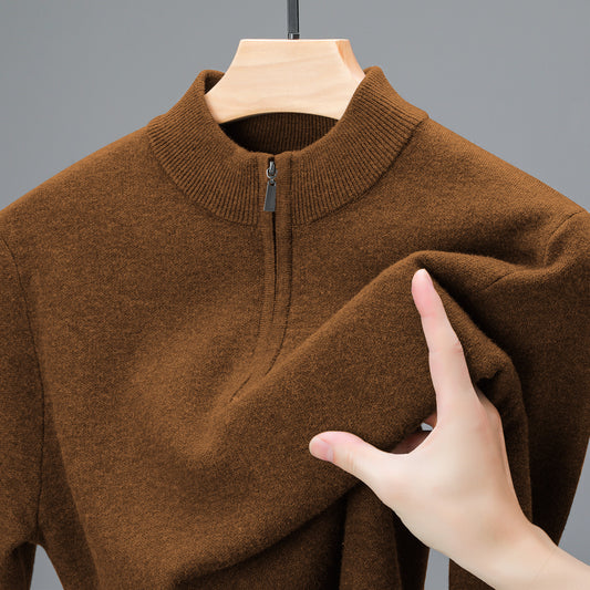 Men's Half-high Collar Zipper Sweater Middle-aged Men's Thickened Keep Warm Pure Color Sweater GlamzKart