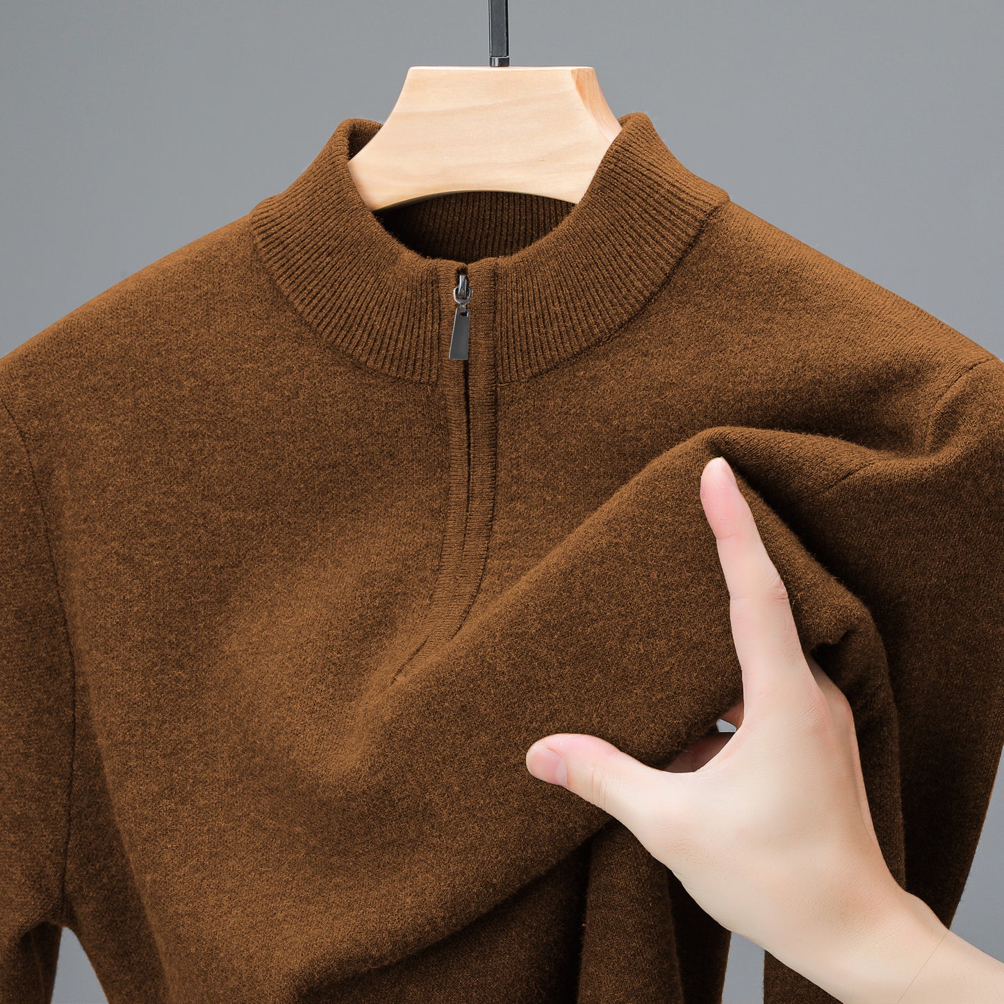 Men's Half-high Collar Zipper Sweater Middle-aged Men's Thickened Keep Warm Pure Color Sweater Brown GlamzKart