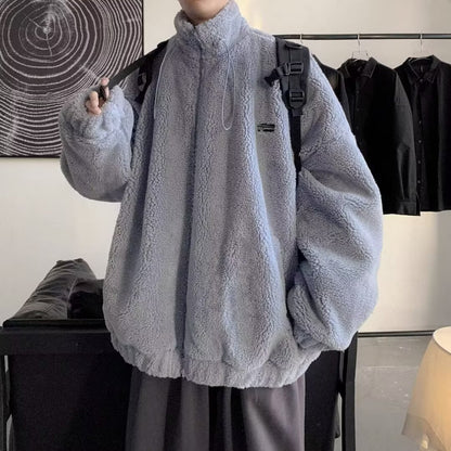 Men's Autumn And Winter Loose Casual Cotton-padded Clothes Fleece-lined Thickening Stand Collar Clothes Blue GlamzKart