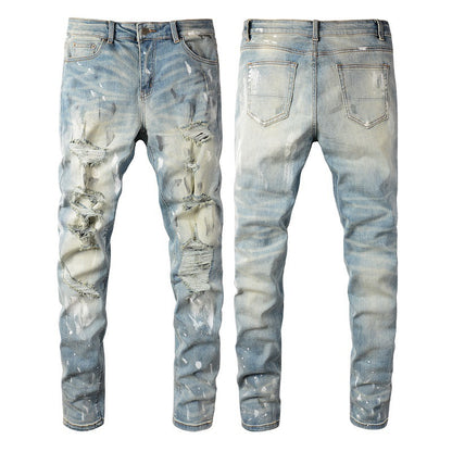 Vintage Paint Broken Holes Pants Men's Jeans Light Blue GlamzKart