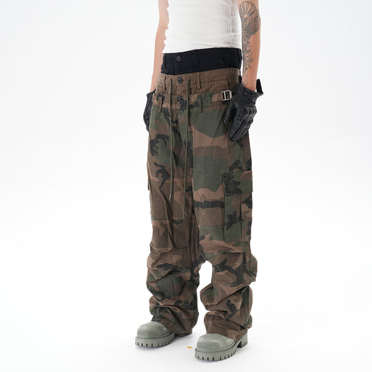 Stitching Three-layer Wide-leg Multi-pocket Camouflage Workwear Casual Pants GlamzKart