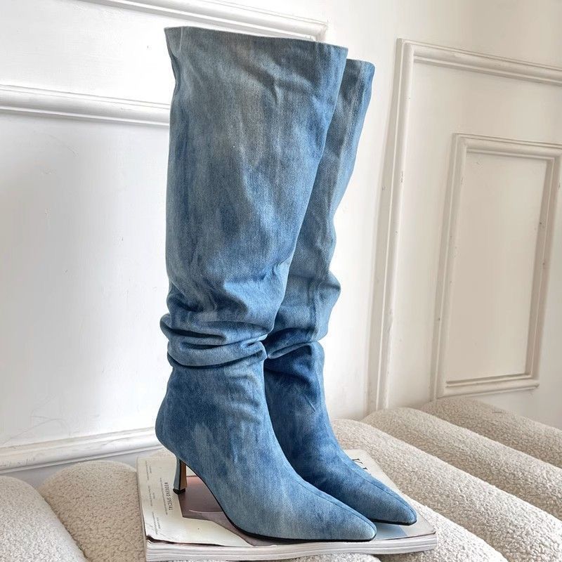 Pointed Toe Women's Stiletto Denim High Heel Below The Knee Boots Blue GlamzKart