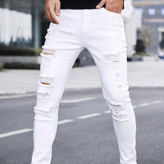 Men's Solid Color Cuffed Straight Jeans Casual And Comfortable Slim Fit GlamzKart