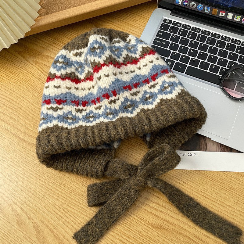 Winter Vintage Hat Bag Cap Warm Ear Protection Wool Hat Mocha Pattern GlamzKart