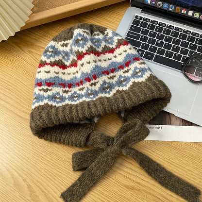 Winter Vintage Hat Bag Cap Warm Ear Protection Wool Hat Mocha Pattern GlamzKart