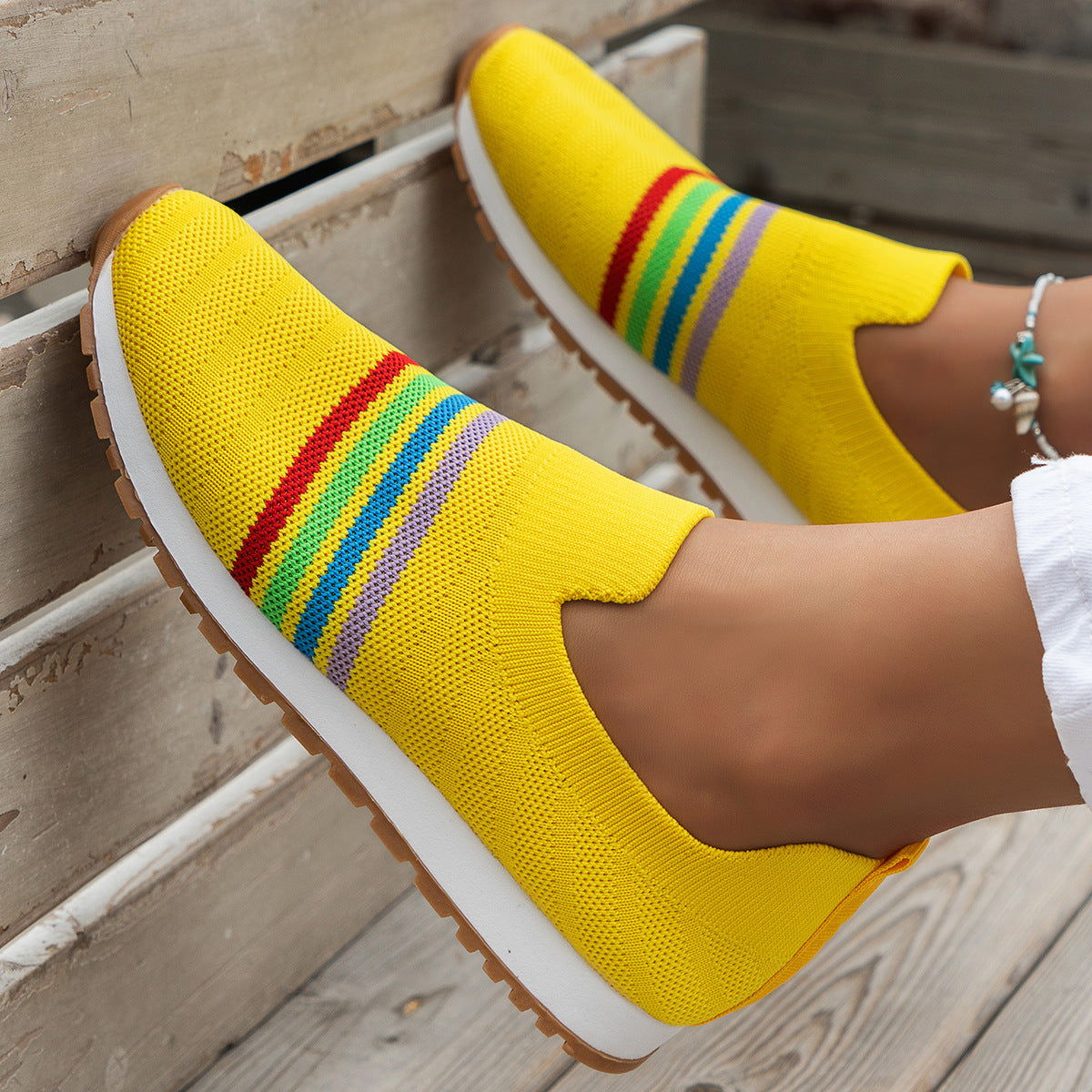 Casual Flat Sneaker European And American Plus Size Comfort Lightweight Pumps Yellow GlamzKart