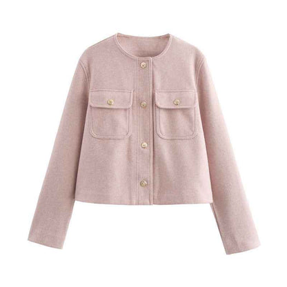 Temperament Crew Neck Long Sleeve Pocket Decorative Jacket Coat