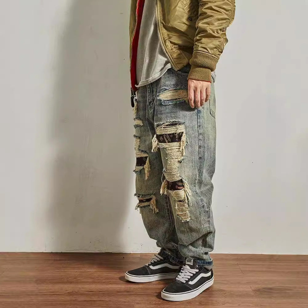 Jeans Men's Loose Straight Tapered Distressed Broken Holes Pants GlamzKart