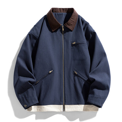 Contrast Color Washed Polo Collar Jacket Men Gray Blue GlamzKart