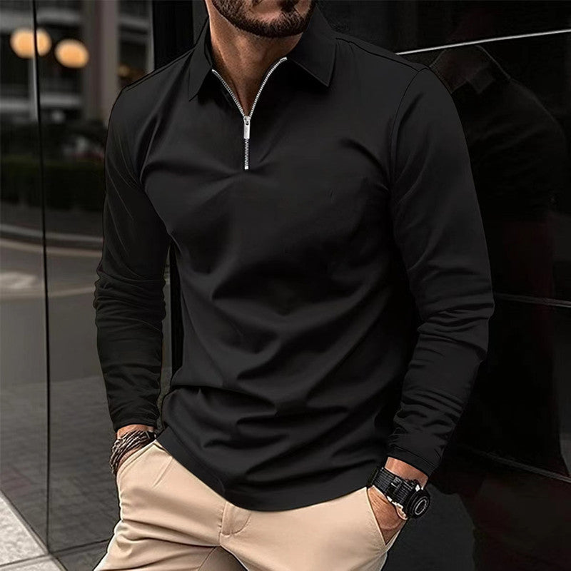 Zipper Men's Solid Color Long Sleeve Sports Polo Shirt GlamzKart