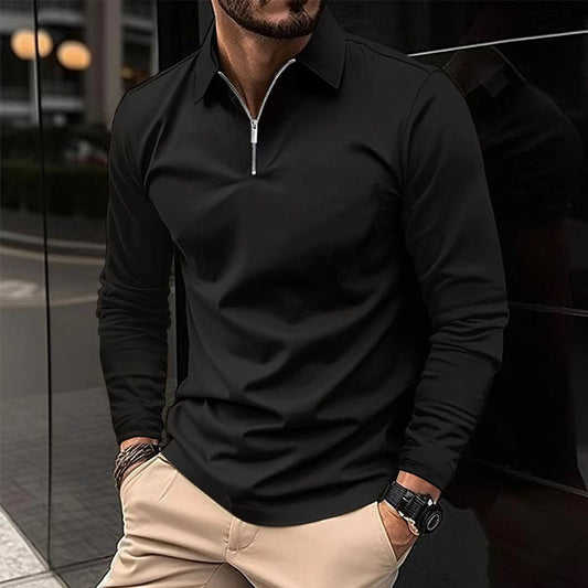 Zipper Men's Solid Color Long Sleeve Sports Polo Shirt GlamzKart