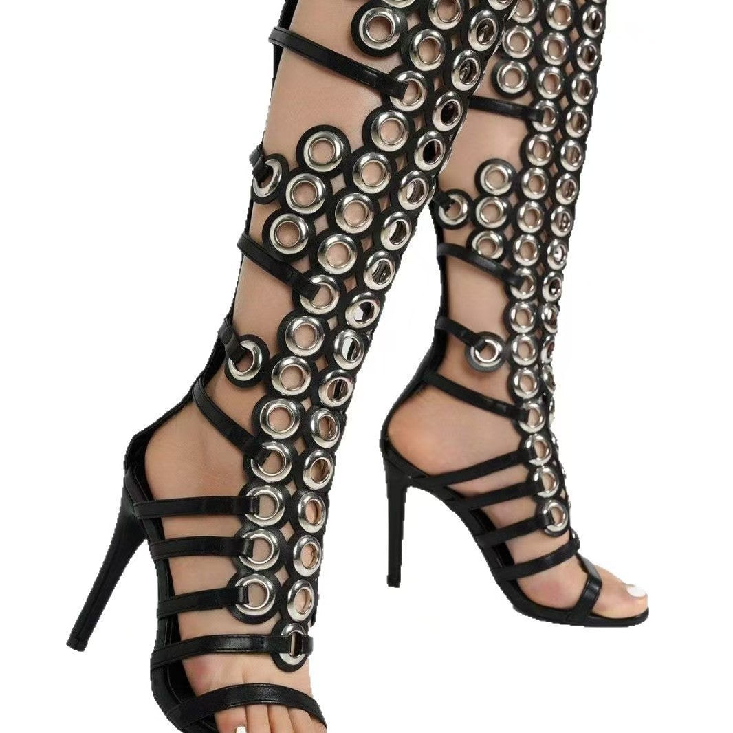 European And American Metal Large Fish-eye Hollow Stiletto Heel Open Toe Sandals Black GlamzKart