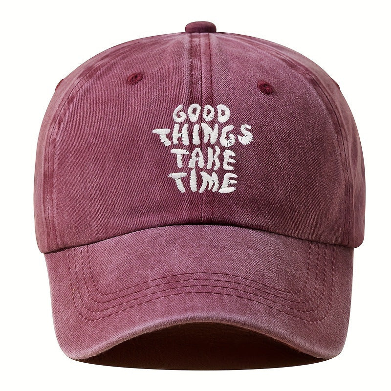 Embroidered Letter Washed-out Vintage Baseball Cap Unisex Adjustable Rose Red GlamzKart