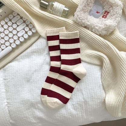 Korean Style Good-looking Sweat-absorbent Angola Red Socks Bold Stripes GlamzKart