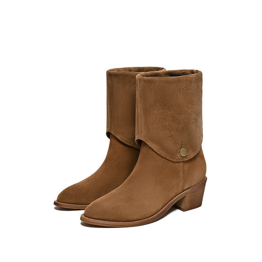 Matte Cowhide Western Denim Pointed-toe Short Tube Boots Fashion Boots Pile Style Boots All-matching GlamzKart