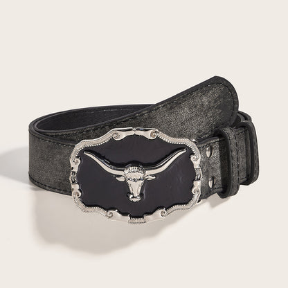 Retro Domineering Epoxy Cattle Head Buckle Women's Casual Men's Jeans Strap Personality Belt Black 107cm GlamzKart