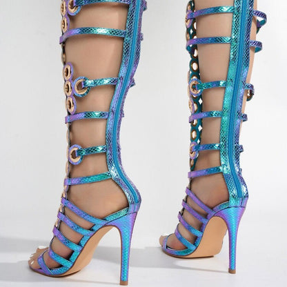 European And American Metal Large Fish-eye Hollow Stiletto Heel Open Toe Sandals GlamzKart