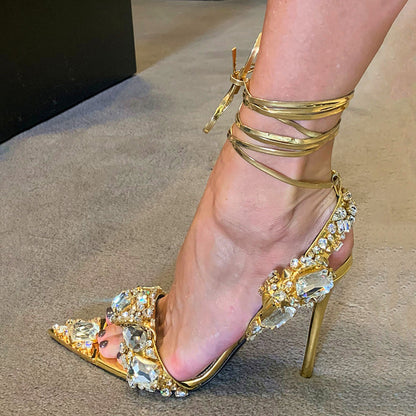 European And American Super High Heel Pointed Toe Rhinestone Fashion Banquet Catwalk Gold GlamzKart