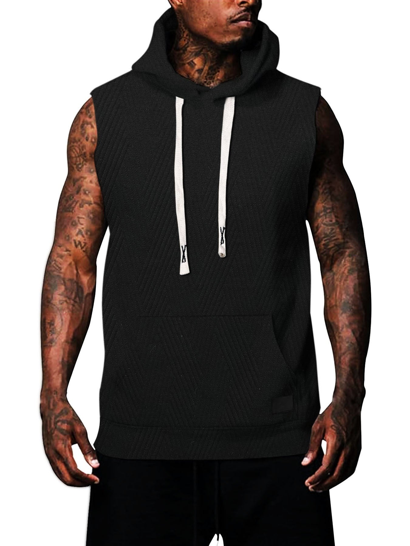 Sleeveless Vest Top Men's Waistcoat Hooded Black GlamzKart