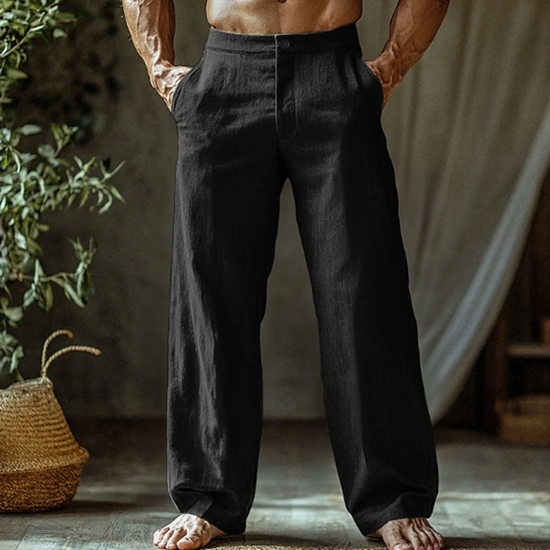 Men's Linen Button Slant Pocket Breathable Trousers Black GlamzKart