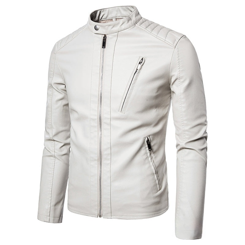 Spring And Autumn Men's Slim Leather Clothing With Stand Collar Jacket 601 White GlamzKart