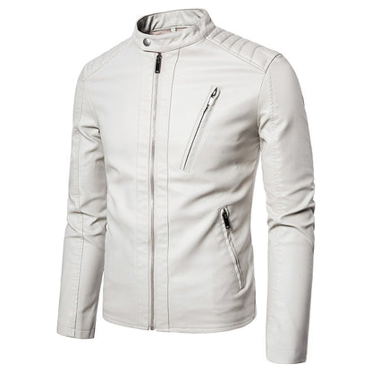 Spring And Autumn Men's Slim Leather Clothing With Stand Collar Jacket 601 White GlamzKart