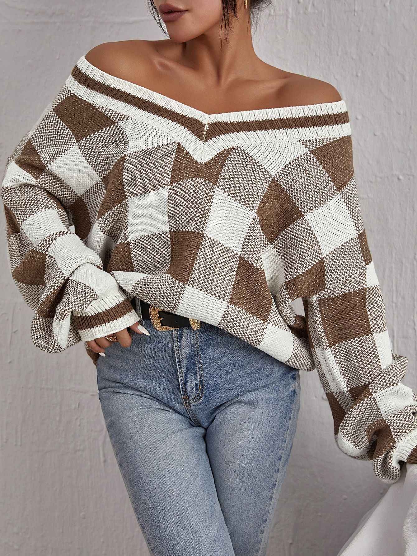 Color-contrast Check Sweater Pullover Loose