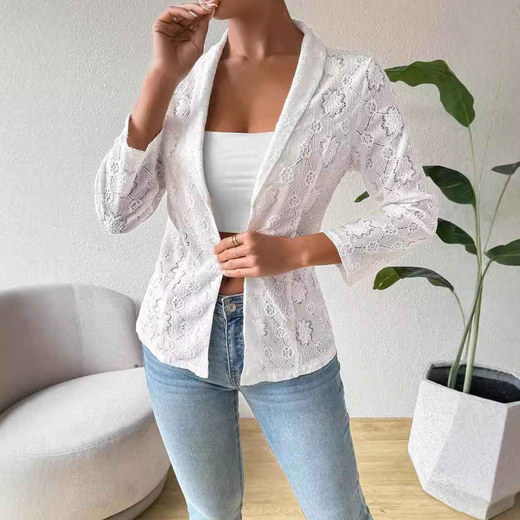 European And American Elegant Solid Color Lace 9 Sleeve Lapel Casual Suit Women's Jacket