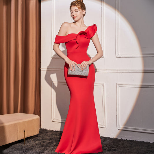 High-end Slant Shoulder Slimming Long Dress GlamzKart